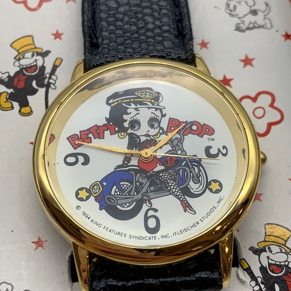 Vintage \'96 Betty Boop Motorcycle Betty Moving Eyes Lizard Grain Watch WORKING! main image 15